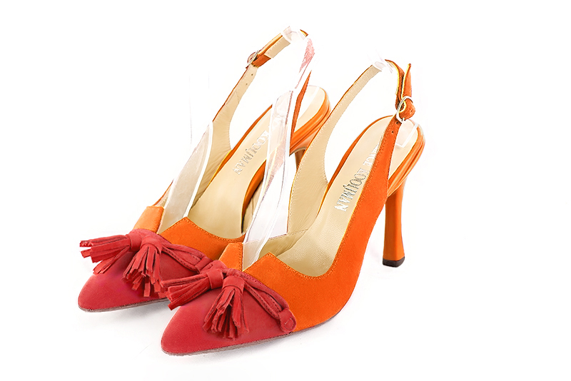 Scarlet red and clementine orange slingback shoes, with a knot. Tapered toe. High slim heel. Elegant dress heels for parties and weddings - Florence KOOIJMAN